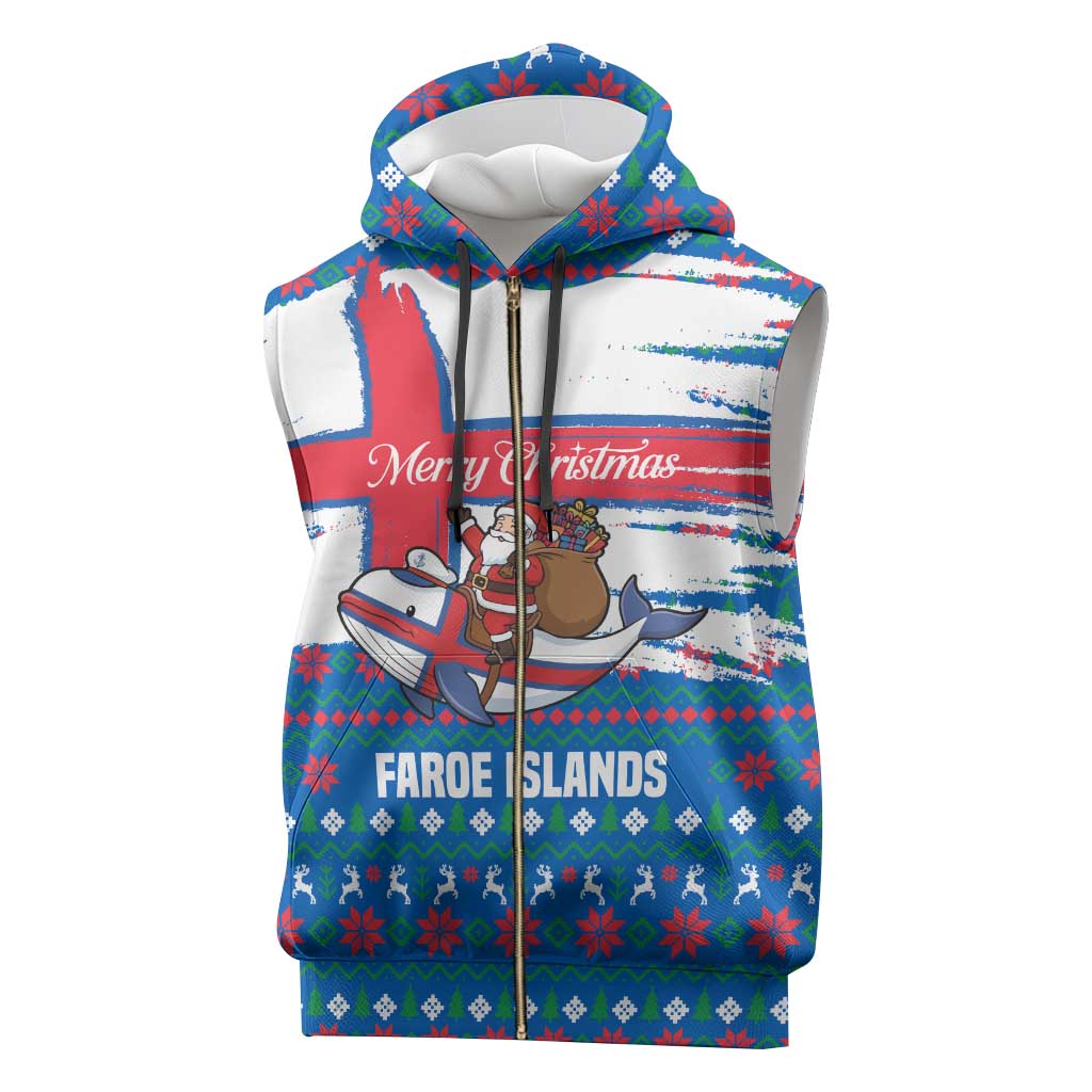 Faroe Islands Christmas Sleeveless Zip Hoodie with Santa Riding Whale Faroe Flag and Blue Nordic Winter Pattern Design - Wonder Print Shop