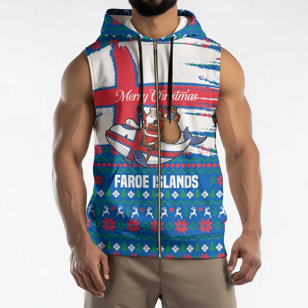 Faroe Islands Christmas Sleeveless Zip Hoodie with Santa Riding Whale Faroe Flag and Blue Nordic Winter Pattern Design - Wonder Print Shop