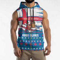 Faroe Islands Christmas Sleeveless Zip Hoodie with Santa Riding Whale Faroe Flag and Blue Nordic Winter Pattern Design - Wonder Print Shop