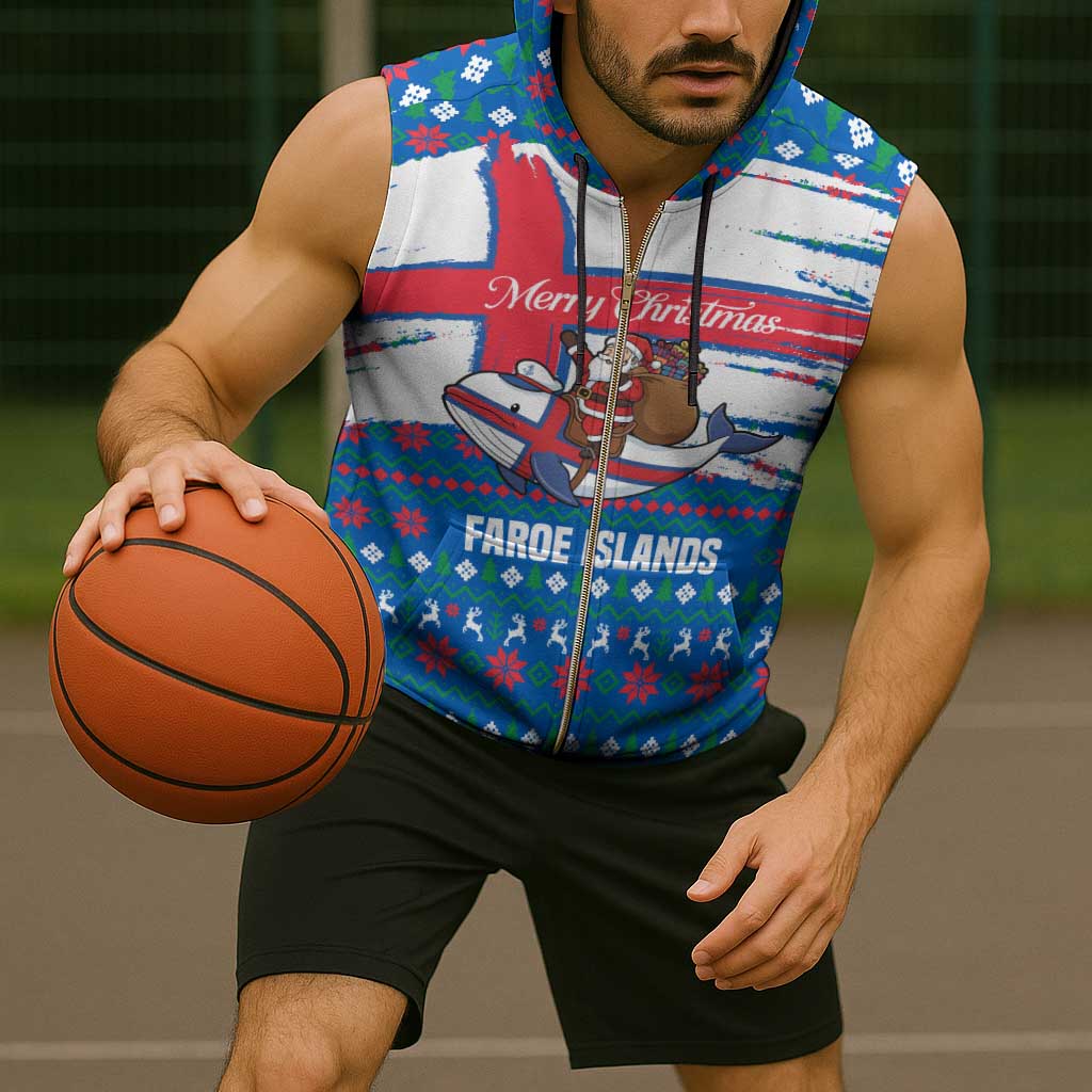 Faroe Islands Christmas Sleeveless Zip Hoodie with Santa Riding Whale Faroe Flag and Blue Nordic Winter Pattern Design - Wonder Print Shop