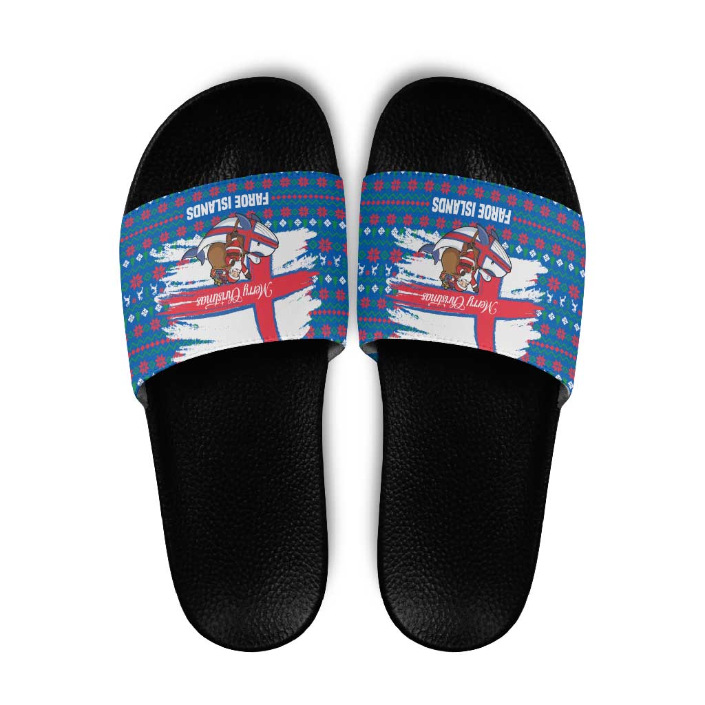 Faroe Islands Christmas Slide Sandals with Santa Riding Whale Faroe Flag and Blue Nordic Winter Pattern Design - Wonder Print Shop