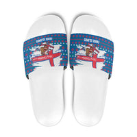 Faroe Islands Christmas Slide Sandals with Santa Riding Whale Faroe Flag and Blue Nordic Winter Pattern Design - Wonder Print Shop