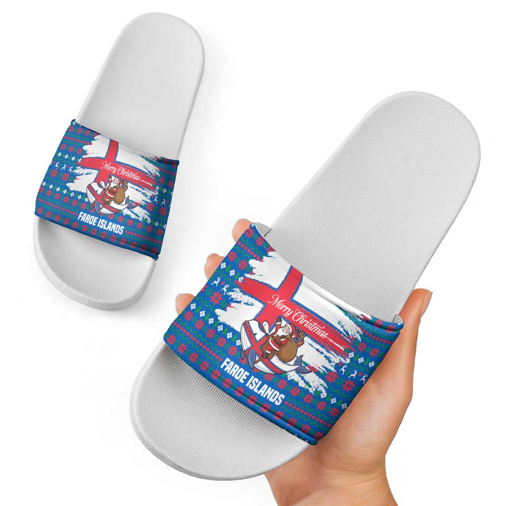 Faroe Islands Christmas Slide Sandals with Santa Riding Whale Faroe Flag and Blue Nordic Winter Pattern Design - Wonder Print Shop