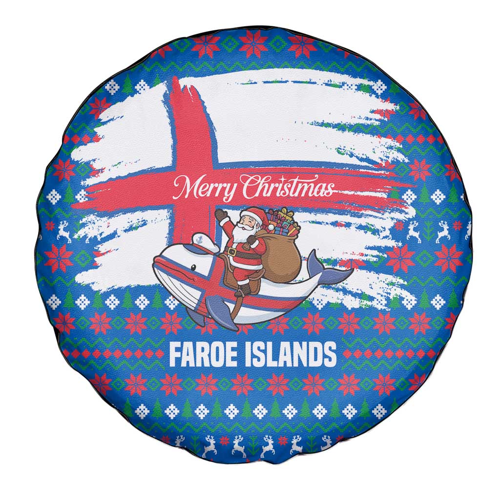 Faroe Islands Christmas Spare Tire Cover with Santa Riding Whale Faroe Flag and Blue Nordic Winter Pattern Design - Wonder Print Shop