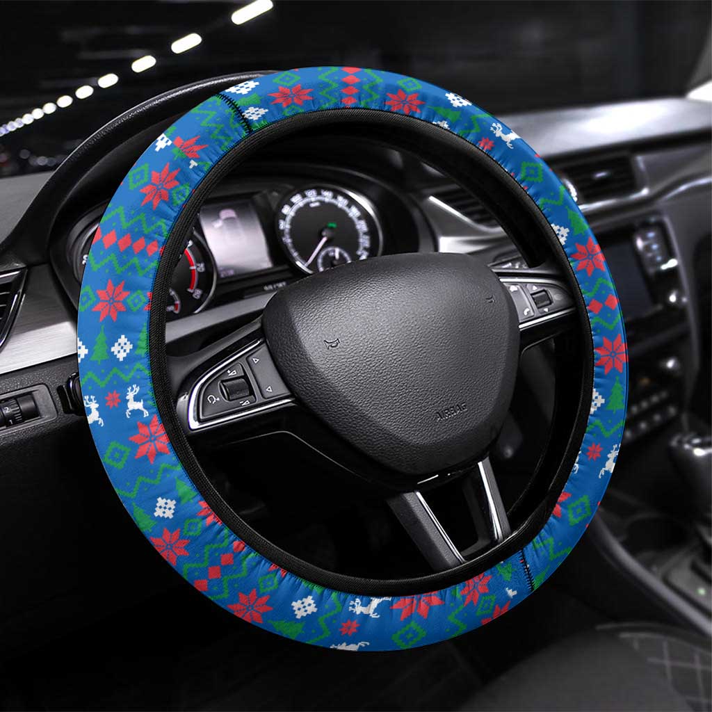 Faroe Islands Christmas Steering Wheel Cover with Santa Riding Whale Faroe Flag and Blue Nordic Winter Pattern Design - Wonder Print Shop