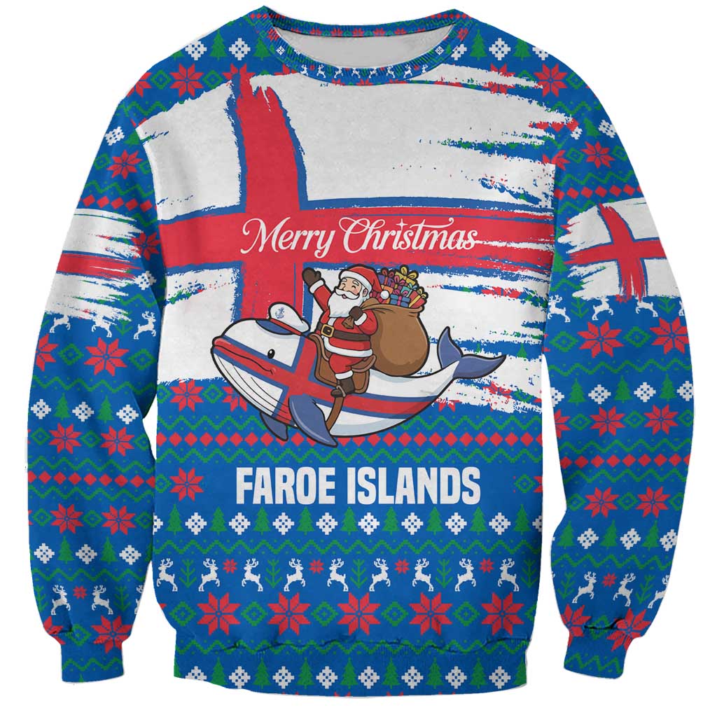 Faroe Islands Christmas Sweatshirt with Santa Riding Whale Faroe Flag and Blue Nordic Winter Pattern Design - Wonder Print Shop