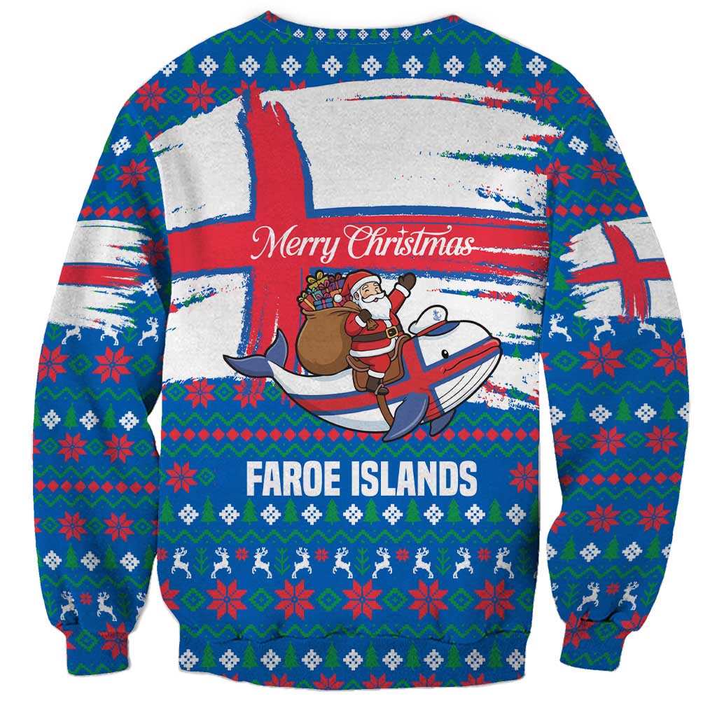 Faroe Islands Christmas Sweatshirt with Santa Riding Whale Faroe Flag and Blue Nordic Winter Pattern Design - Wonder Print Shop