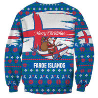 Faroe Islands Christmas Sweatshirt with Santa Riding Whale Faroe Flag and Blue Nordic Winter Pattern Design - Wonder Print Shop