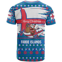 Faroe Islands Christmas T Shirt with Santa Riding Whale Faroe Flag and Blue Nordic Winter Pattern Design - Wonder Print Shop