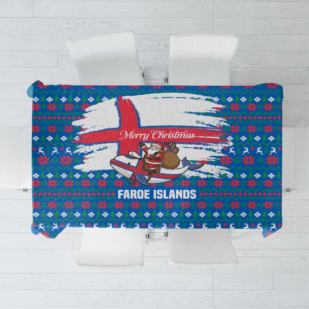 Faroe Islands Christmas Tablecloth with Santa Riding Whale Faroe Flag and Blue Nordic Winter Pattern Design - Wonder Print Shop