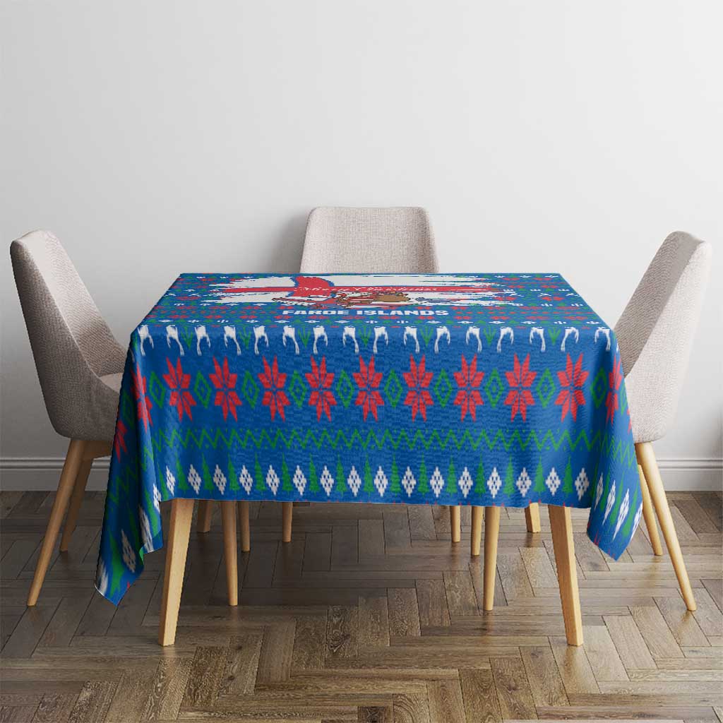 Faroe Islands Christmas Tablecloth with Santa Riding Whale Faroe Flag and Blue Nordic Winter Pattern Design - Wonder Print Shop