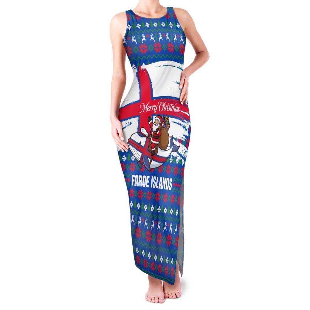 Faroe Islands Christmas Tank Maxi Dress with Santa Riding Whale Faroe Flag and Blue Nordic Winter Pattern Design - Wonder Print Shop