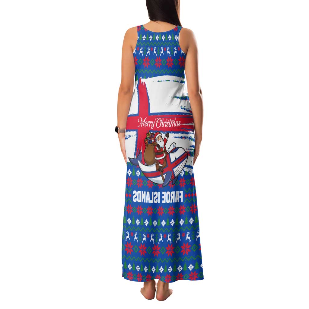 Faroe Islands Christmas Tank Maxi Dress with Santa Riding Whale Faroe Flag and Blue Nordic Winter Pattern Design - Wonder Print Shop