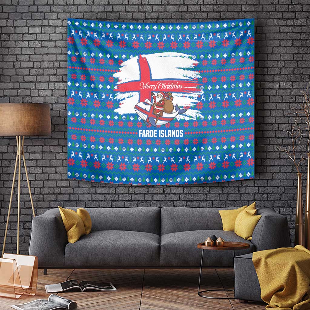 Faroe Islands Christmas Tapestry with Santa Riding Whale Faroe Flag and Blue Nordic Winter Pattern Design - Wonder Print Shop