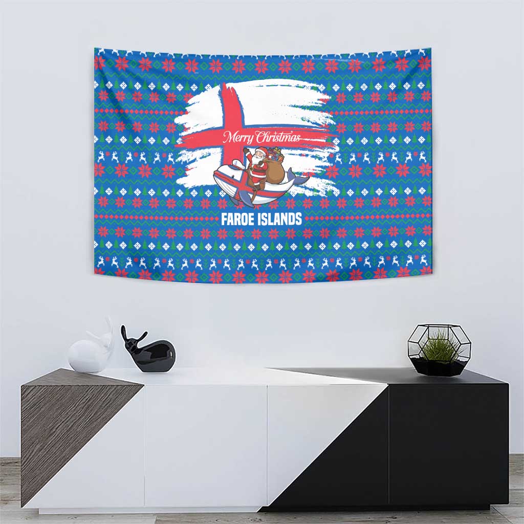 Faroe Islands Christmas Tapestry with Santa Riding Whale Faroe Flag and Blue Nordic Winter Pattern Design - Wonder Print Shop