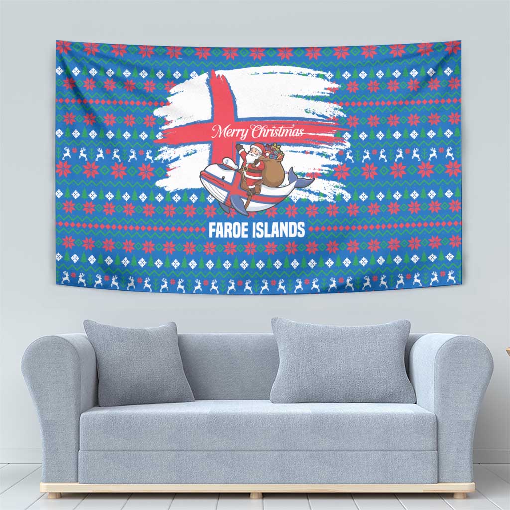 Faroe Islands Christmas Tapestry with Santa Riding Whale Faroe Flag and Blue Nordic Winter Pattern Design - Wonder Print Shop