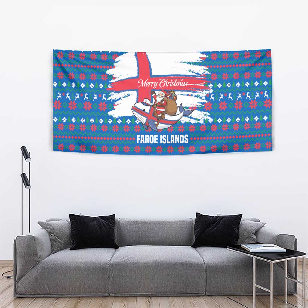 Faroe Islands Christmas Tapestry with Santa Riding Whale Faroe Flag and Blue Nordic Winter Pattern Design - Wonder Print Shop