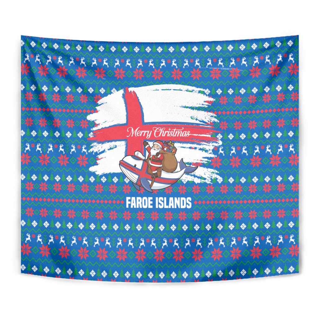 Faroe Islands Christmas Tapestry with Santa Riding Whale Faroe Flag and Blue Nordic Winter Pattern Design - Wonder Print Shop