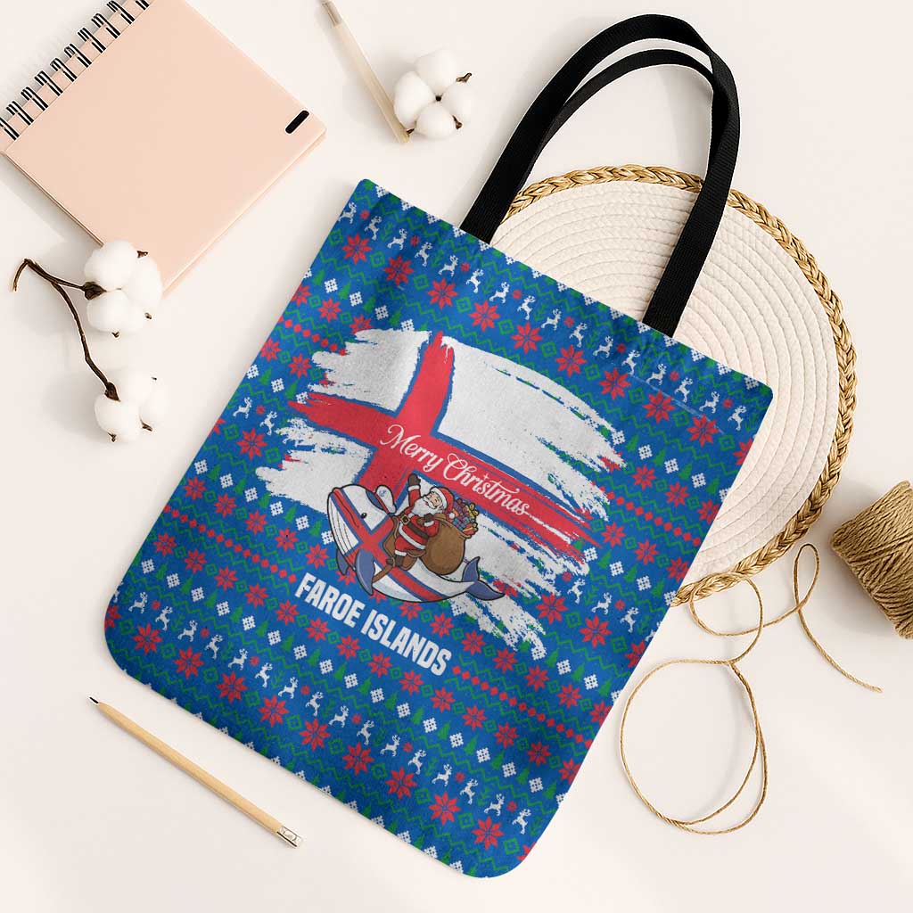 Faroe Islands Christmas Tote Bag with Santa Riding Whale Faroe Flag and Blue Nordic Winter Pattern Design - Wonder Print Shop