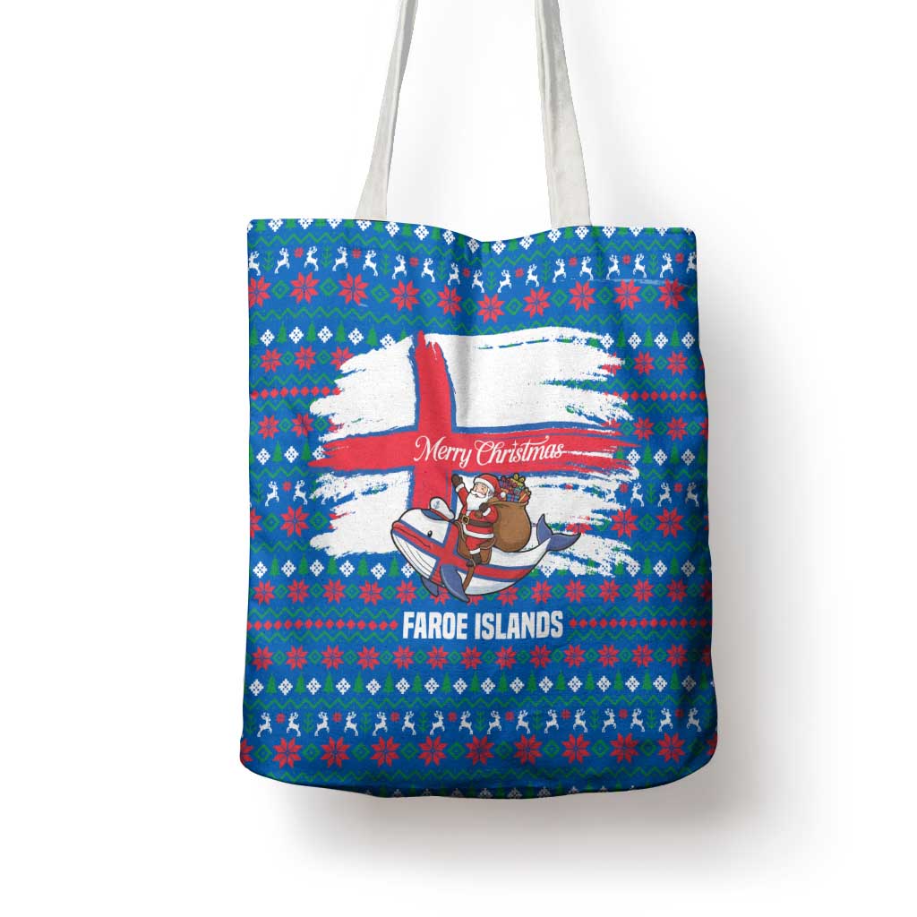 Faroe Islands Christmas Tote Bag with Santa Riding Whale Faroe Flag and Blue Nordic Winter Pattern Design - Wonder Print Shop