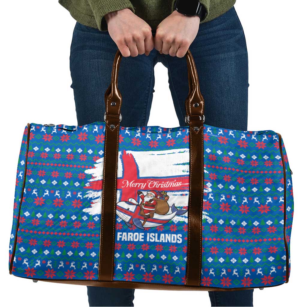 Faroe Islands Christmas Travel Bag with Santa Riding Whale Faroe Flag and Blue Nordic Winter Pattern Design - Wonder Print Shop