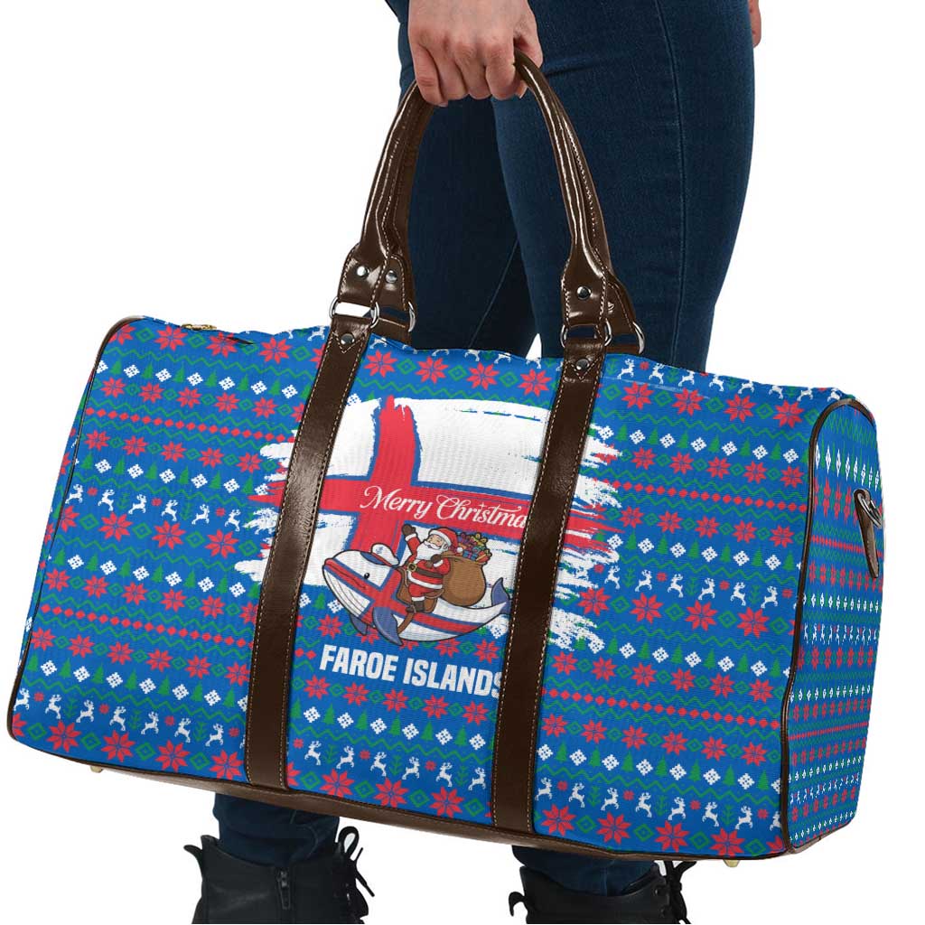 Faroe Islands Christmas Travel Bag with Santa Riding Whale Faroe Flag and Blue Nordic Winter Pattern Design - Wonder Print Shop