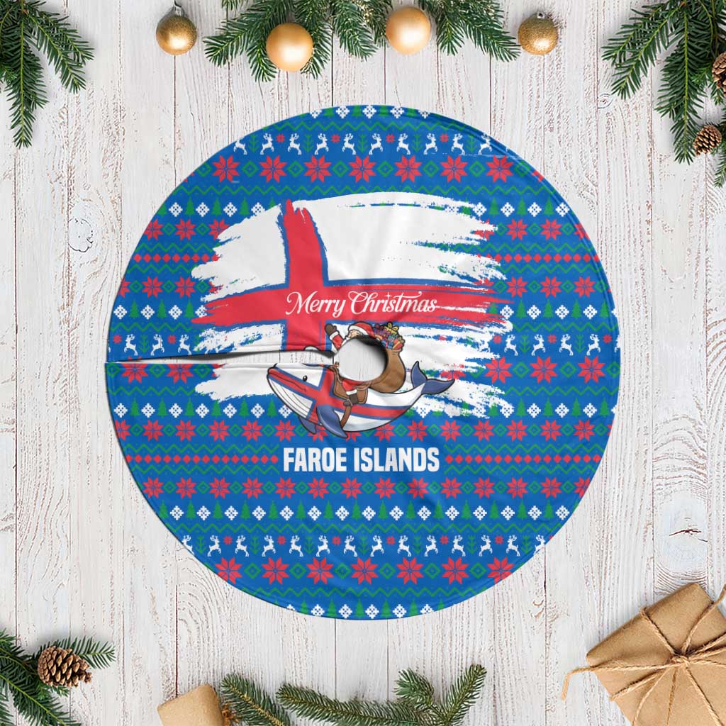 Faroe Islands Christmas Tree Skirt with Santa Riding Whale Faroe Flag and Blue Nordic Winter Pattern Design - Wonder Print Shop