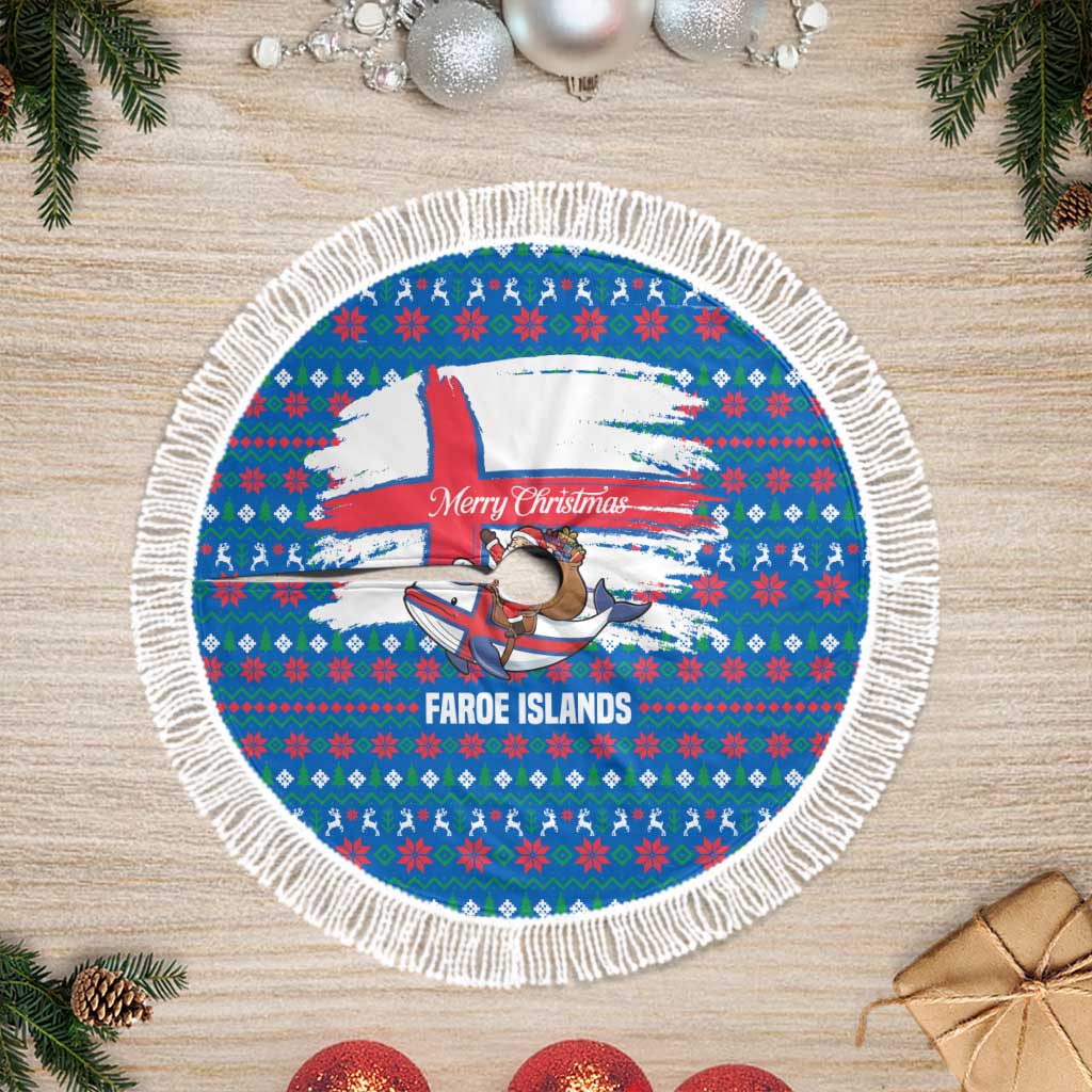 Faroe Islands Christmas Tree Skirt with Santa Riding Whale Faroe Flag and Blue Nordic Winter Pattern Design - Wonder Print Shop