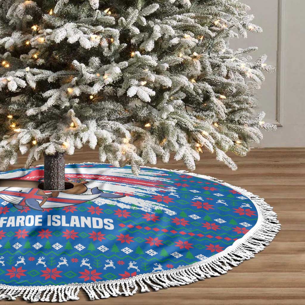 Faroe Islands Christmas Tree Skirt with Santa Riding Whale Faroe Flag and Blue Nordic Winter Pattern Design - Wonder Print Shop
