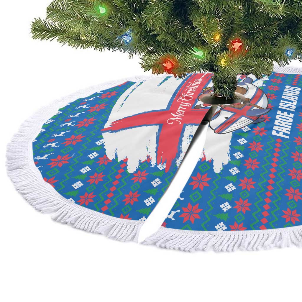 Faroe Islands Christmas Tree Skirt with Santa Riding Whale Faroe Flag and Blue Nordic Winter Pattern Design - Wonder Print Shop
