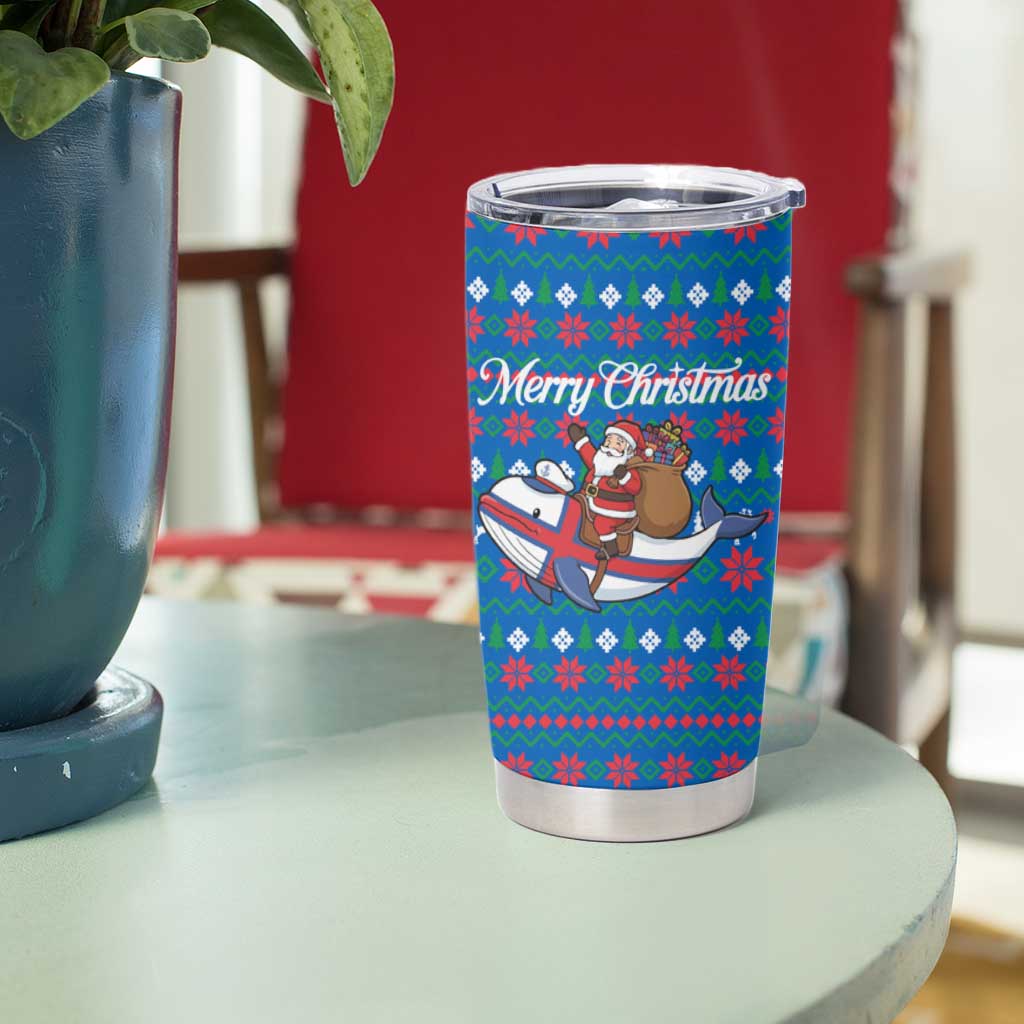 Faroe Islands Christmas Tumbler Cup with Santa Riding Whale Faroe Flag and Blue Nordic Winter Pattern Design - Wonder Print Shop