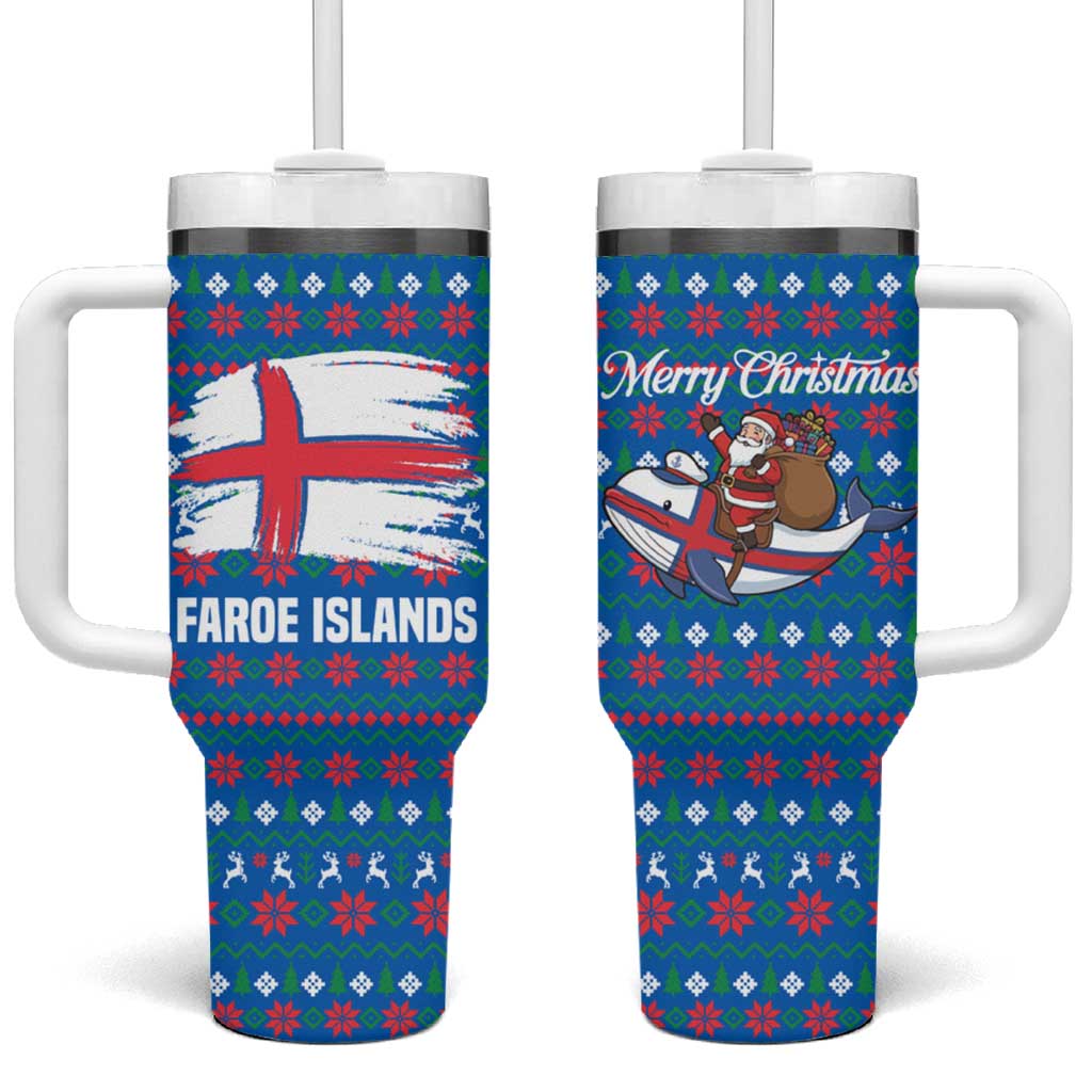 Faroe Islands Christmas Tumbler With Handle with Santa Riding Whale Faroe Flag and Blue Nordic Winter Pattern Design - Wonder Print Shop