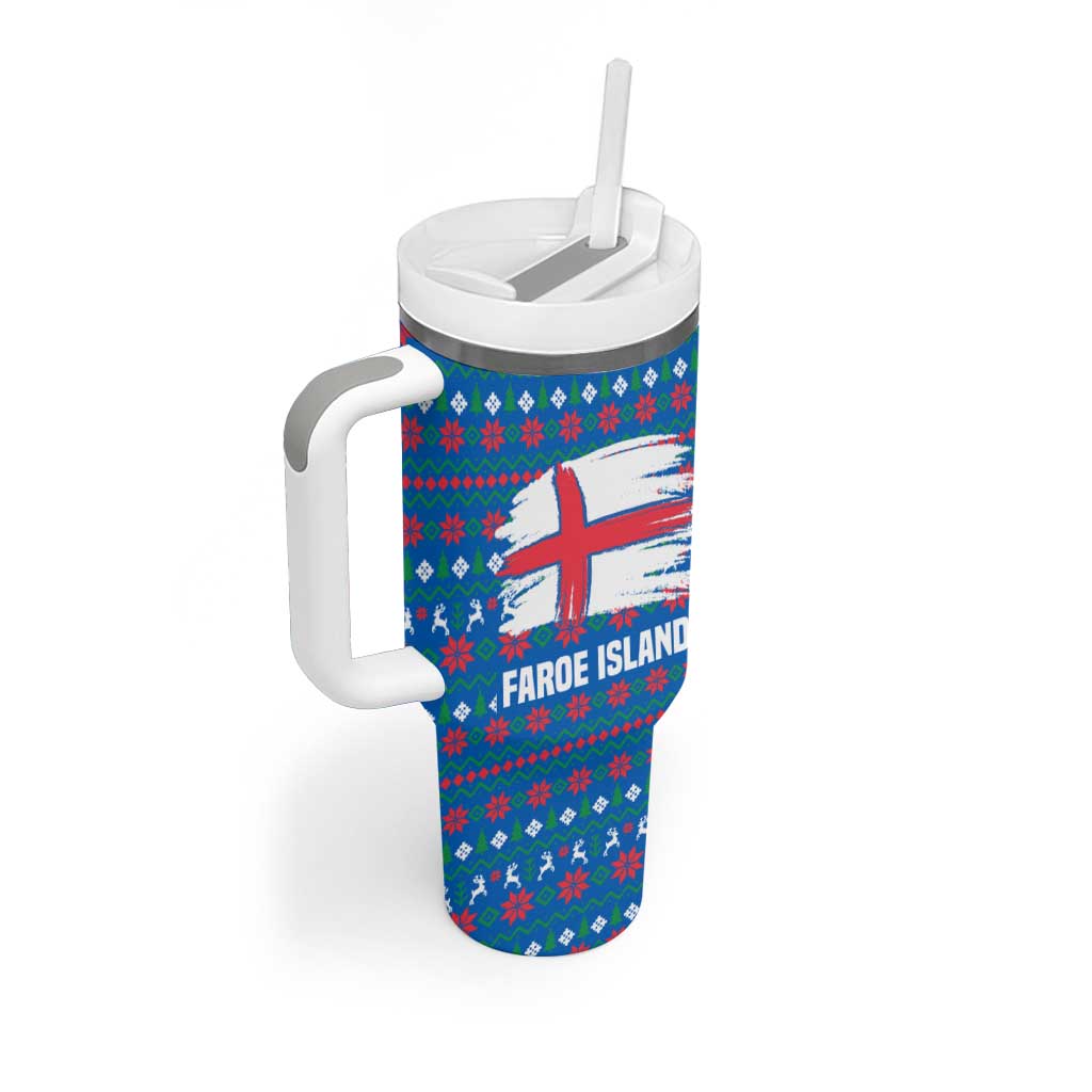 Faroe Islands Christmas Tumbler With Handle with Santa Riding Whale Faroe Flag and Blue Nordic Winter Pattern Design - Wonder Print Shop