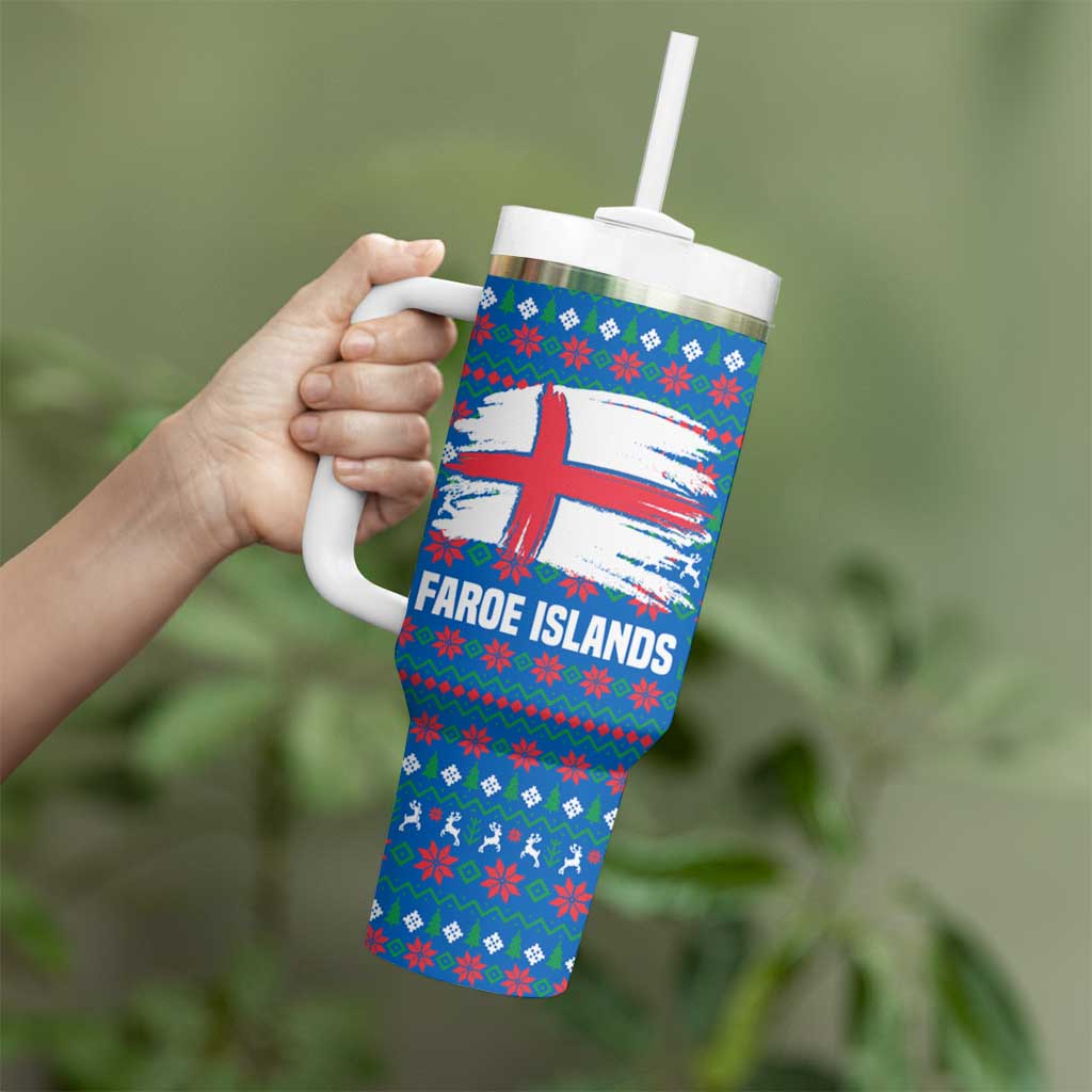 Faroe Islands Christmas Tumbler With Handle with Santa Riding Whale Faroe Flag and Blue Nordic Winter Pattern Design - Wonder Print Shop