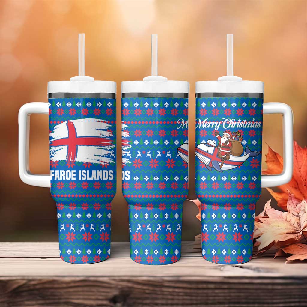 Faroe Islands Christmas Tumbler With Handle with Santa Riding Whale Faroe Flag and Blue Nordic Winter Pattern Design - Wonder Print Shop