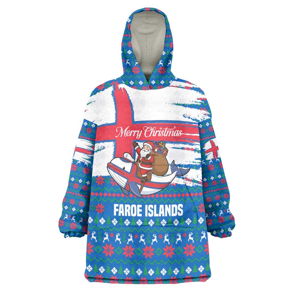 Faroe Islands Christmas Wearable Blanket Hoodie with Santa Riding Whale Faroe Flag and Blue Nordic Winter Pattern Design - Wonder Print Shop