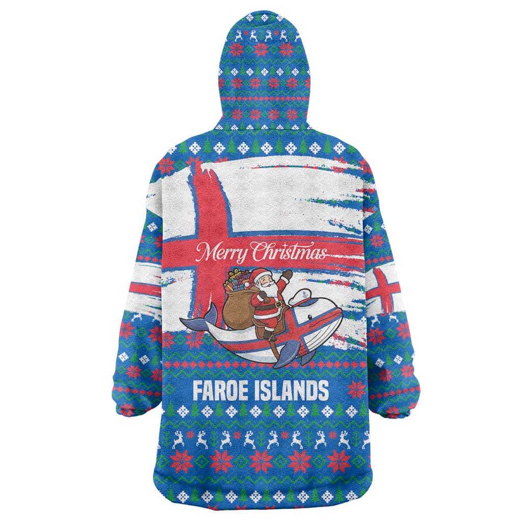 Faroe Islands Christmas Wearable Blanket Hoodie with Santa Riding Whale Faroe Flag and Blue Nordic Winter Pattern Design - Wonder Print Shop