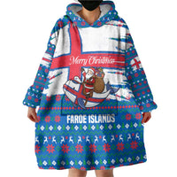 Faroe Islands Christmas Wearable Blanket Hoodie with Santa Riding Whale Faroe Flag and Blue Nordic Winter Pattern Design - Wonder Print Shop