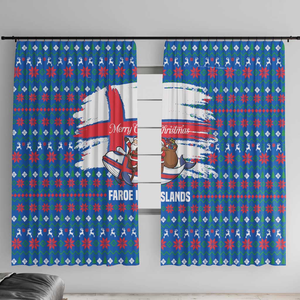 Faroe Islands Christmas Window Curtain with Santa Riding Whale Faroe Flag and Blue Nordic Winter Pattern Design - Wonder Print Shop