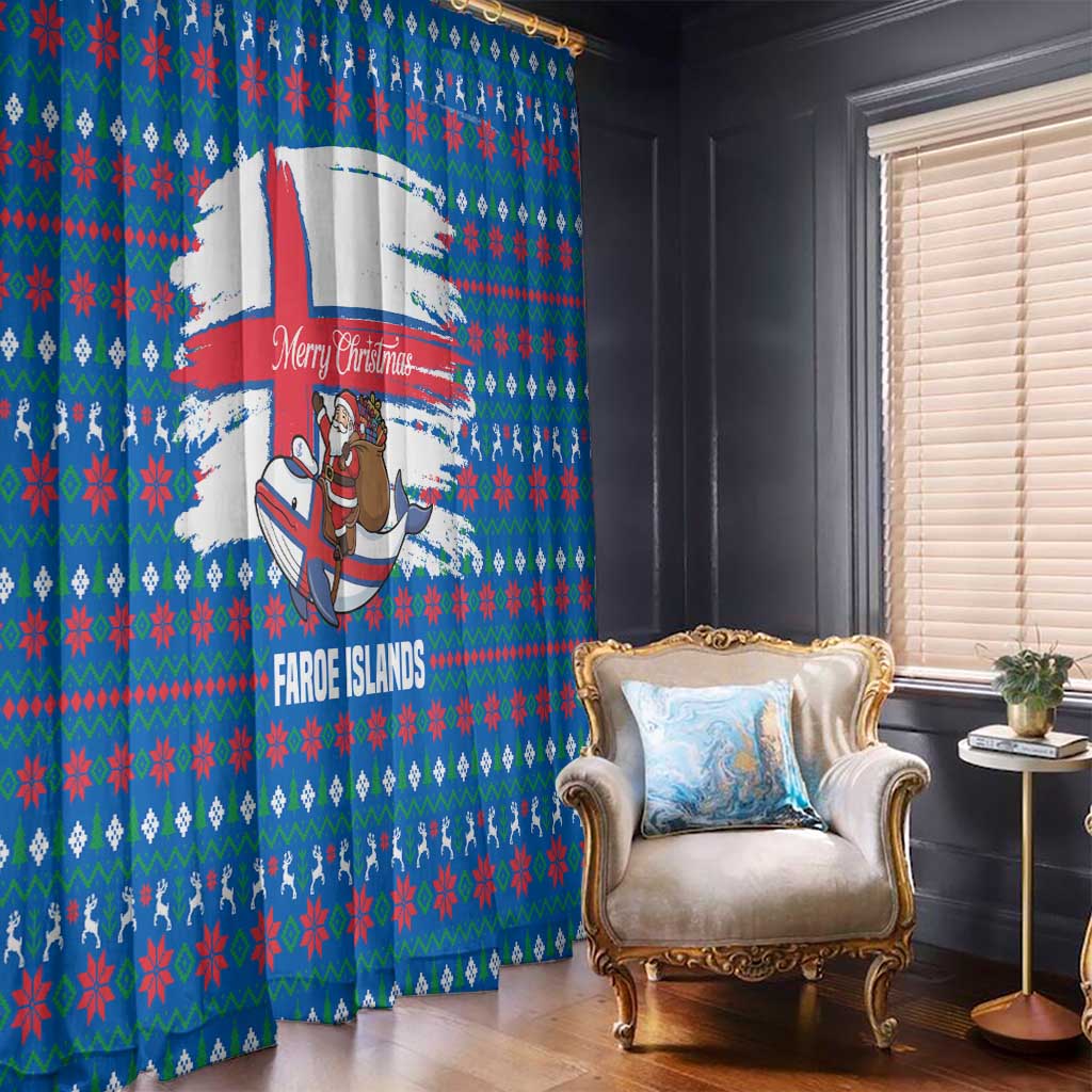 Faroe Islands Christmas Window Curtain with Santa Riding Whale Faroe Flag and Blue Nordic Winter Pattern Design - Wonder Print Shop