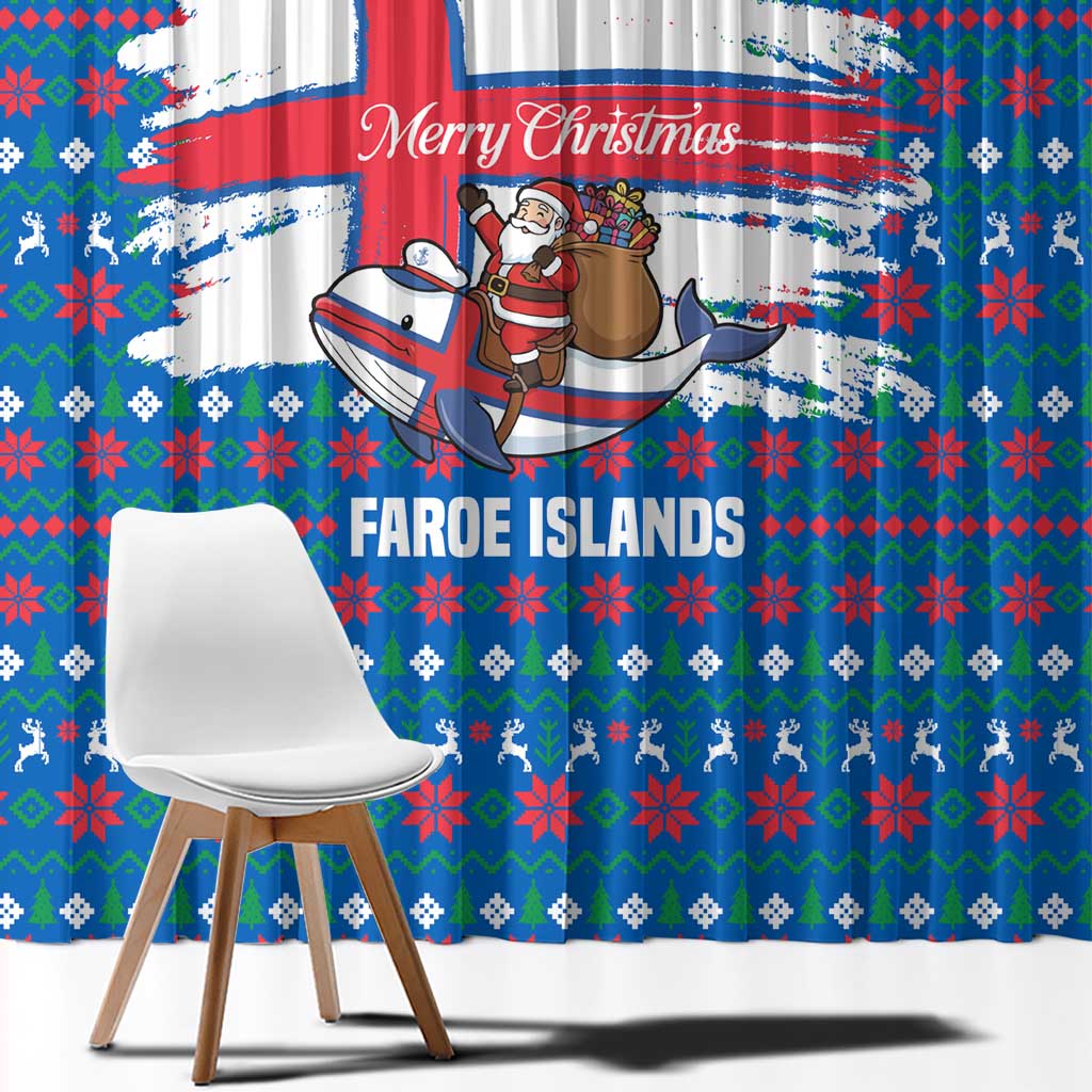 Faroe Islands Christmas Window Curtain with Santa Riding Whale Faroe Flag and Blue Nordic Winter Pattern Design - Wonder Print Shop