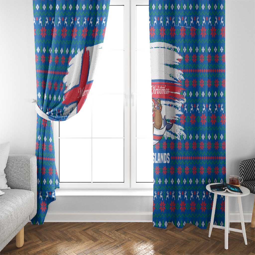 Faroe Islands Christmas Window Curtain with Santa Riding Whale Faroe Flag and Blue Nordic Winter Pattern Design - Wonder Print Shop