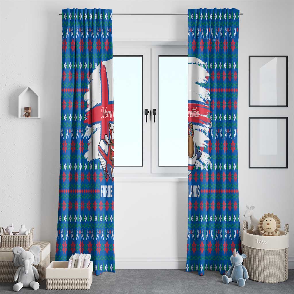 Faroe Islands Christmas Window Curtain with Santa Riding Whale Faroe Flag and Blue Nordic Winter Pattern Design - Wonder Print Shop