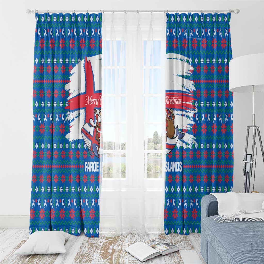 Faroe Islands Christmas Window Curtain with Santa Riding Whale Faroe Flag and Blue Nordic Winter Pattern Design - Wonder Print Shop