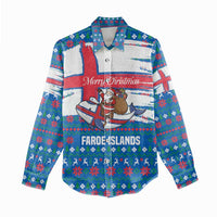 Faroe Islands Christmas Women Casual Shirt with Santa Riding Whale Faroe Flag and Blue Nordic Winter Pattern Design - Wonder Print Shop