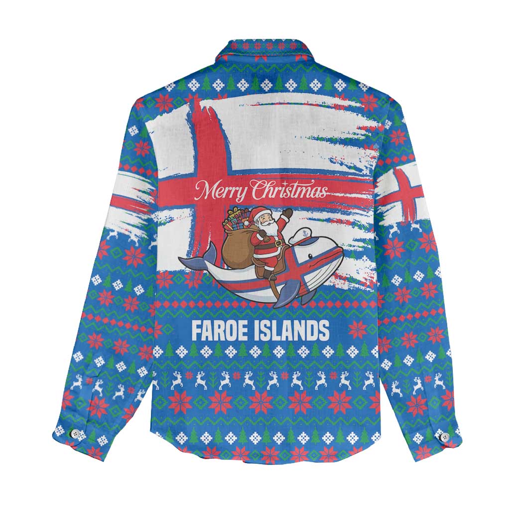 Faroe Islands Christmas Women Casual Shirt with Santa Riding Whale Faroe Flag and Blue Nordic Winter Pattern Design - Wonder Print Shop