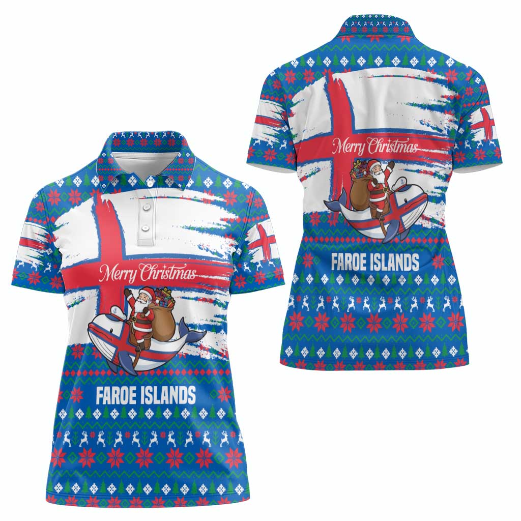 Faroe Islands Christmas Women Polo Shirt with Santa Riding Whale Faroe Flag and Blue Nordic Winter Pattern Design - Wonder Print Shop