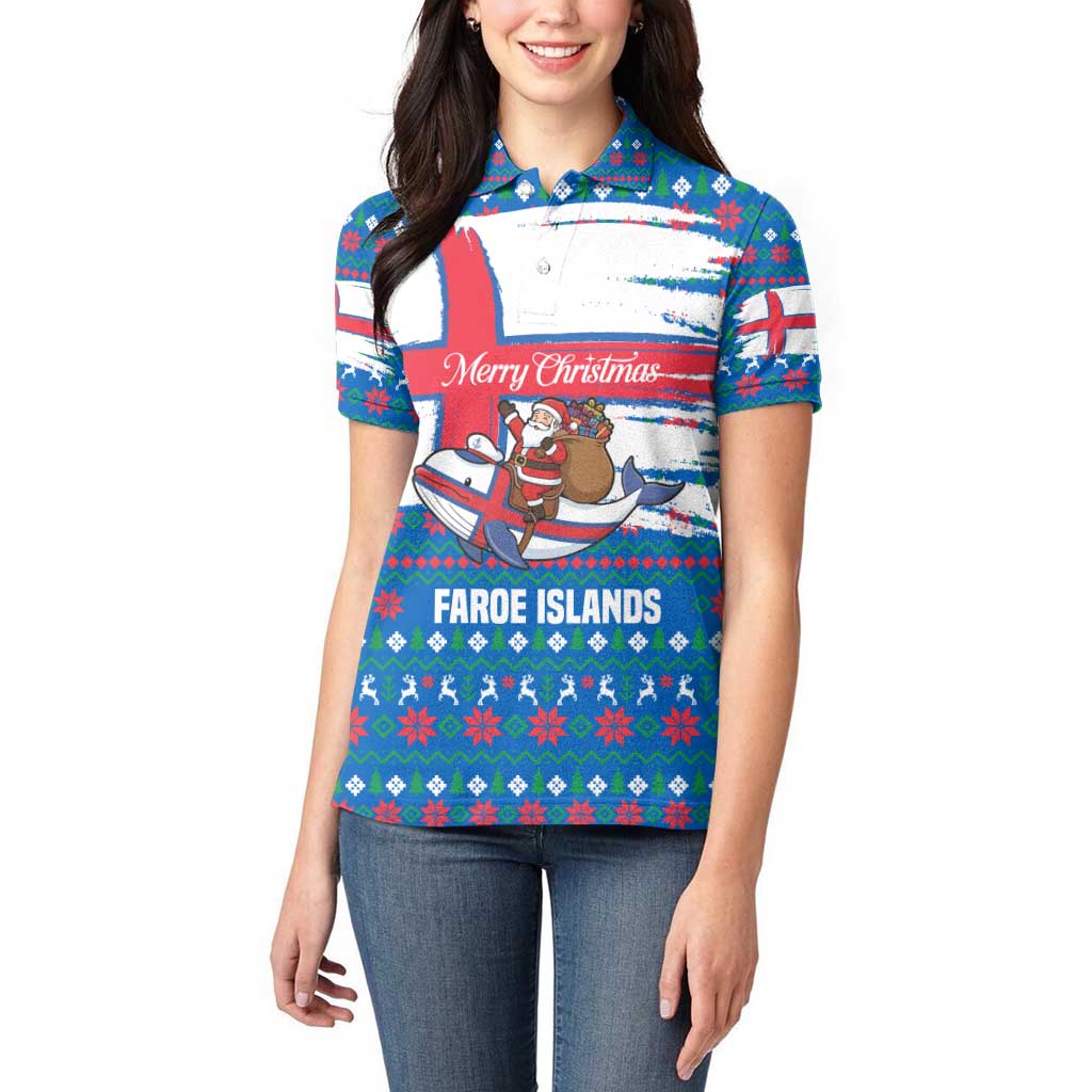 Faroe Islands Christmas Women Polo Shirt with Santa Riding Whale Faroe Flag and Blue Nordic Winter Pattern Design - Wonder Print Shop
