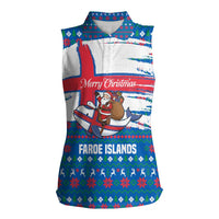 Faroe Islands Christmas Women Sleeveless Polo Shirt with Santa Riding Whale Faroe Flag and Blue Nordic Winter Pattern Design - Wonder Print Shop