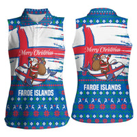 Faroe Islands Christmas Women Sleeveless Polo Shirt with Santa Riding Whale Faroe Flag and Blue Nordic Winter Pattern Design - Wonder Print Shop
